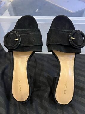 Via Spiga Black Suede Slide Mules with Buckle Accent